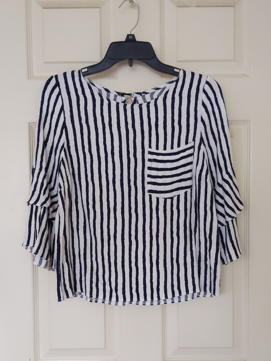 Tops - Striped Navy and White 3/4 Ruffle Sleeve Blouse.